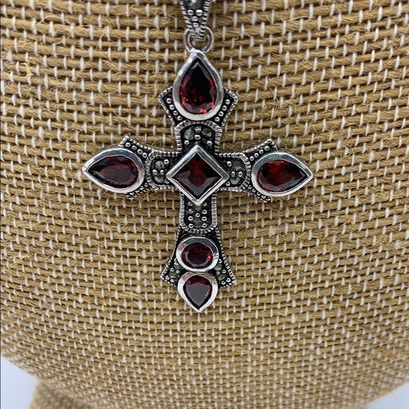 Silver Tone Ruby Red Cross Pendant Necklace - Picture 2 of 5